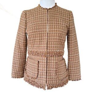 BROOKS BROTHERS Boucle Tweed Fringe Jacket Collarless Blazer Sz 4 Brown Tan Fall